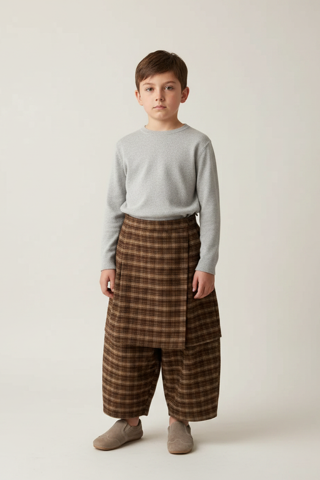 Pantalon Jupe Marron Plaid Ample Épais Garçon - Tweed