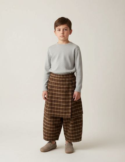 Pantalon Jupe Marron Plaid Ample Épais Garçon - Tweed