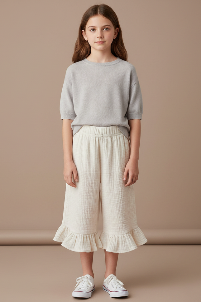 Pantalon Jupe Beige Coton Volants Fille Décontracté