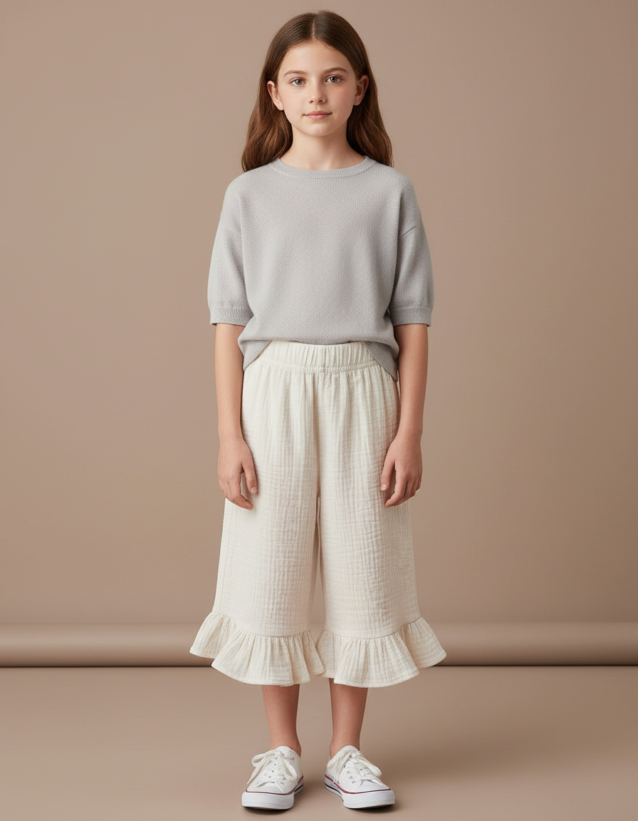 Pantalon Jupe Beige Coton Volants Fille Décontracté