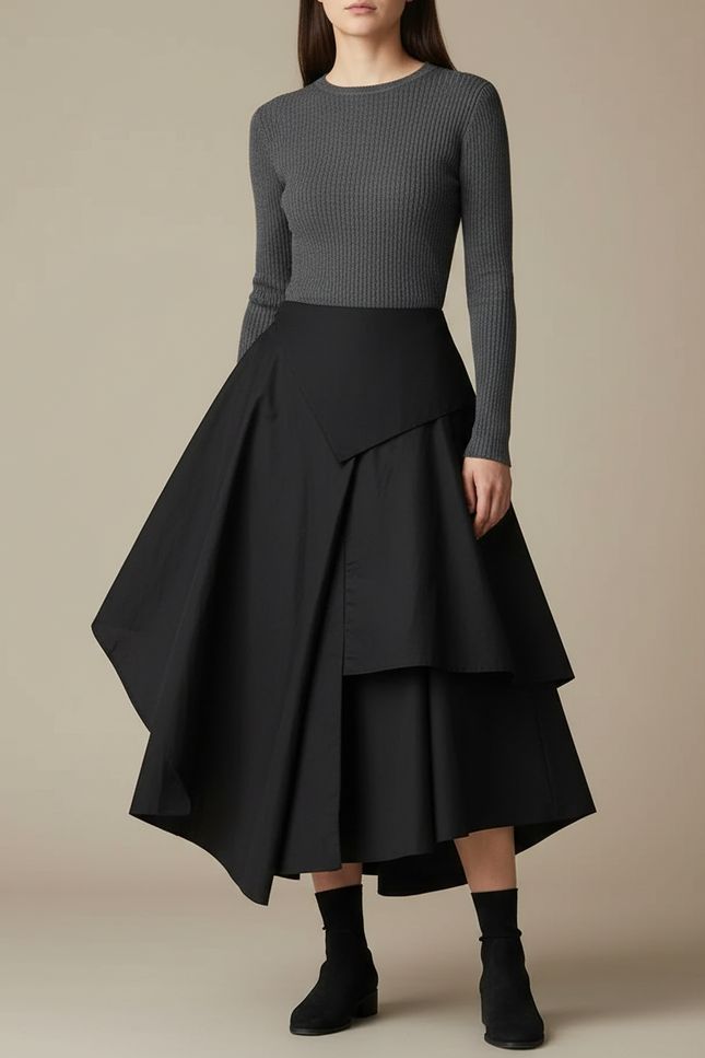 Pantalon Jupe Noir Asymétrique Plissé Longue Élégante - Gabardine