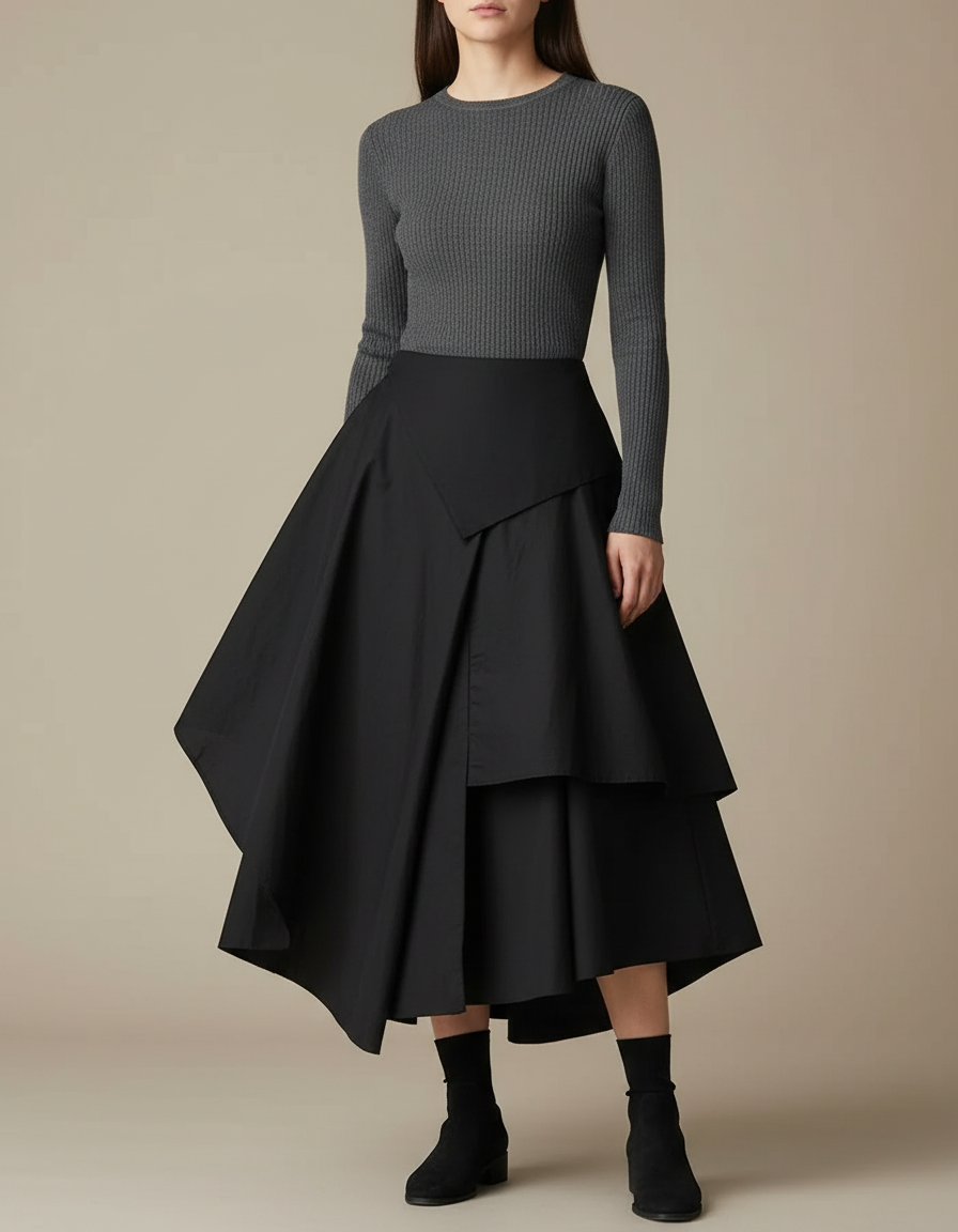 Pantalon Jupe Noir Asymétrique Plissé Longue Élégante - Gabardine