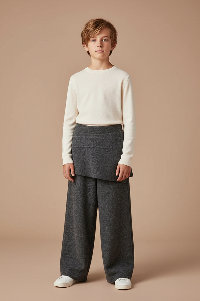Pantalon Jupe Gris Ample Laine Superposé Confortable - Maille