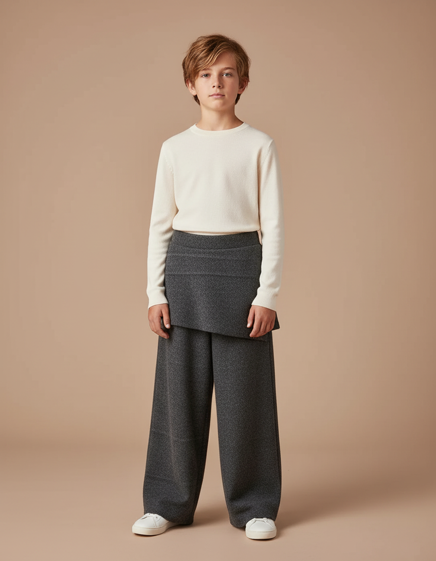 Pantalon Jupe Gris Ample Laine Superposé Confortable - Maille