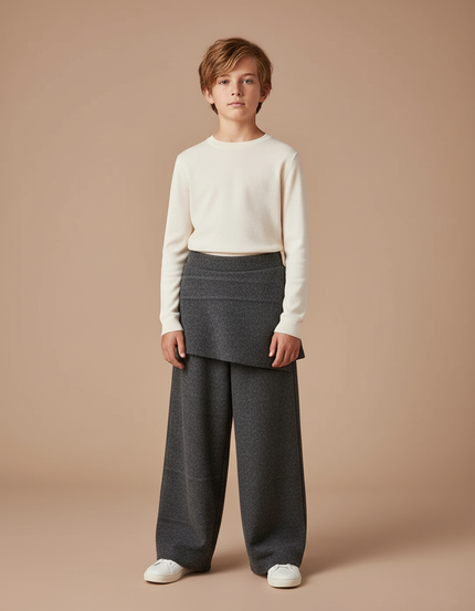Pantalon Jupe Gris Ample Laine Superposé Confortable - Maille