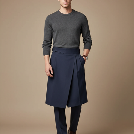 Pantalon Jupe Homme Bleu Marine Plissé Élégant Moderne - Gabardine