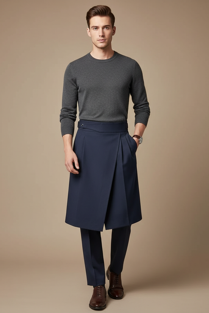 Pantalon Jupe Homme Bleu Marine Plissé Élégant Moderne - Gabardine