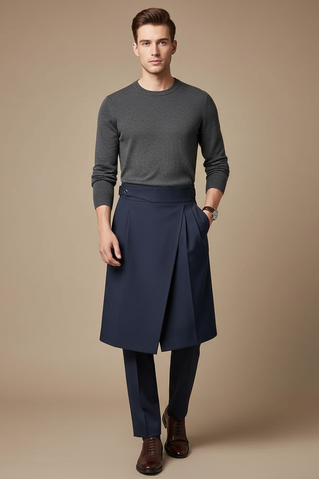 Pantalon Jupe Homme Bleu Marine Plissé Élégant Moderne - Gabardine