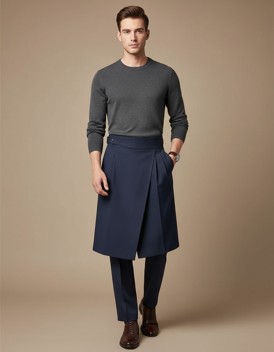 Pantalon Jupe Homme Bleu Marine Plissé Élégant Moderne - Gabardine
