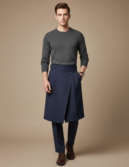 Pantalon Jupe Homme Bleu Marine Plissé Élégant Moderne - Gabardine