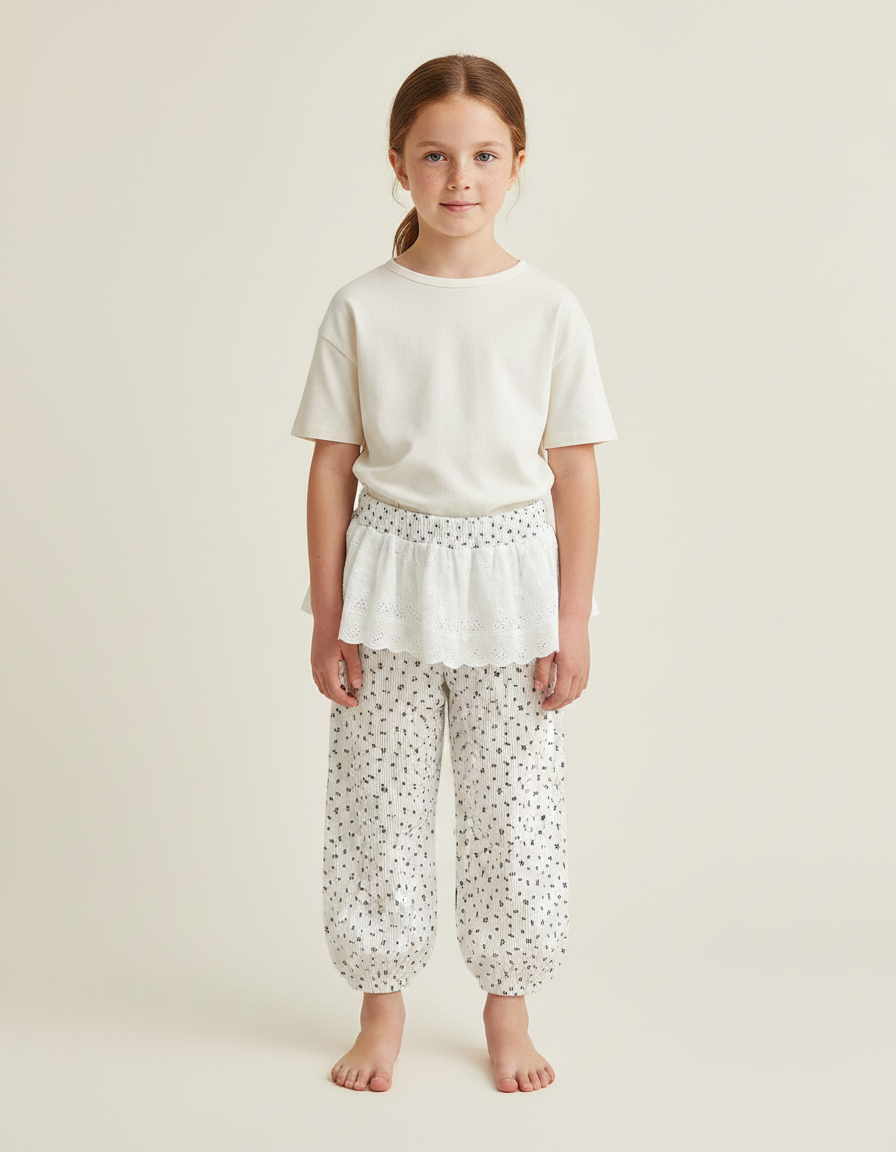 Pantalon Jupe Blanc Imprimé Ample Confortable Enfant - Coton
