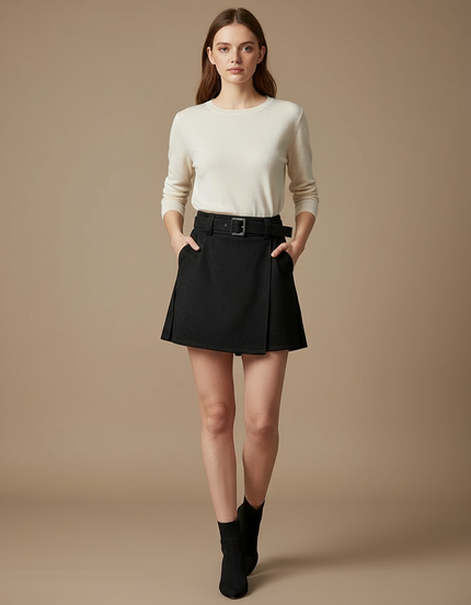 Pantalon Jupe Noir Ceinturé Vintage Élégant Femme - Gabardine