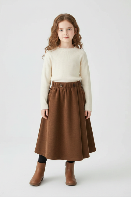 Pantalon Jupe Marron Côtelé Longue Évasée Enfant - Cordé