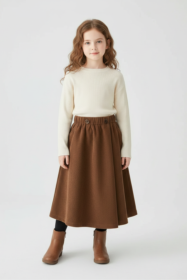 Pantalon Jupe Marron Côtelé Longue Évasée Enfant - Cordé