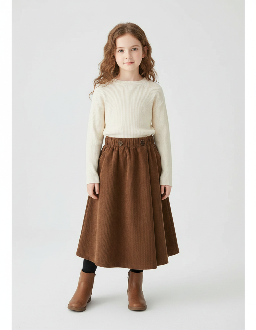 Pantalon Jupe Marron Côtelé Longue Évasée Enfant - Cordé