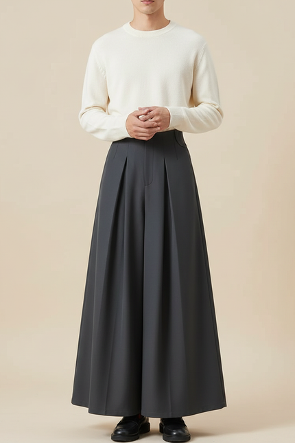Pantalon Jupe Gris Ample Plissé Décontracté Unisexe - Polyester