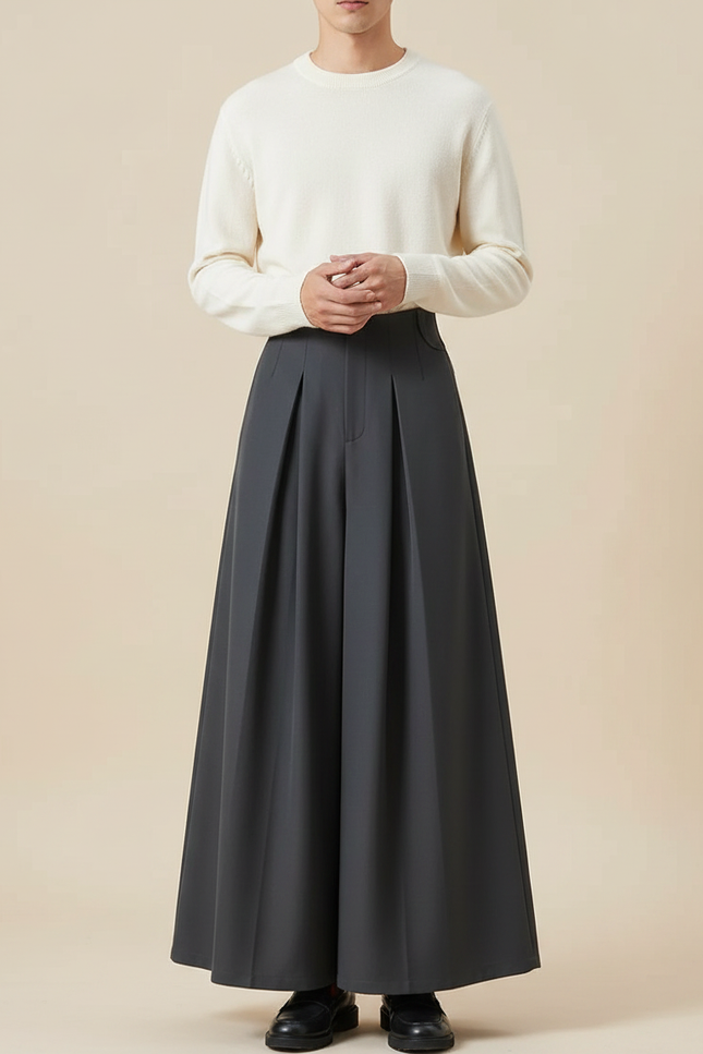 Pantalon Jupe Gris Ample Plissé Décontracté Unisexe - Polyester