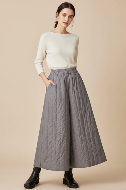 Pantalon Jupe Gris Matelassé Ample Hiver Décontracté - Polyester