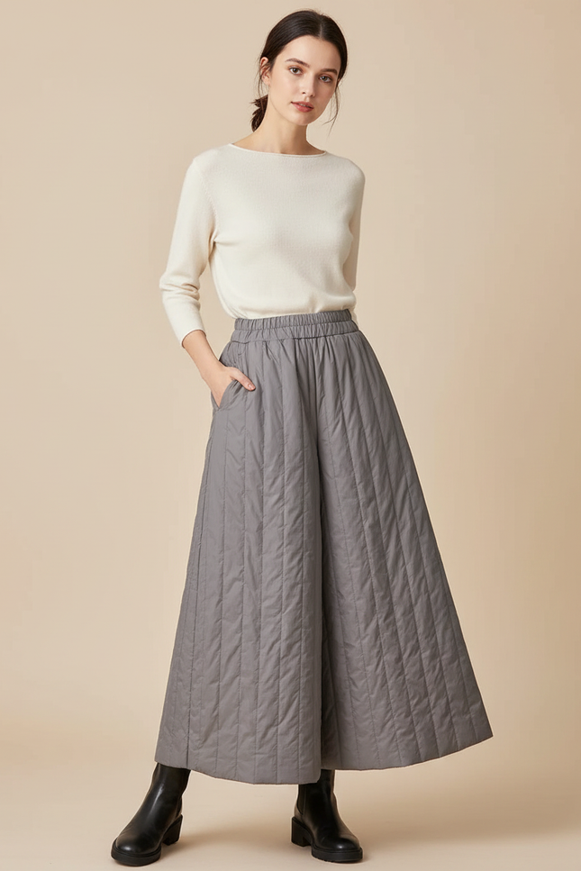 Pantalon Jupe Gris Matelassé Ample Hiver Décontracté - Polyester
