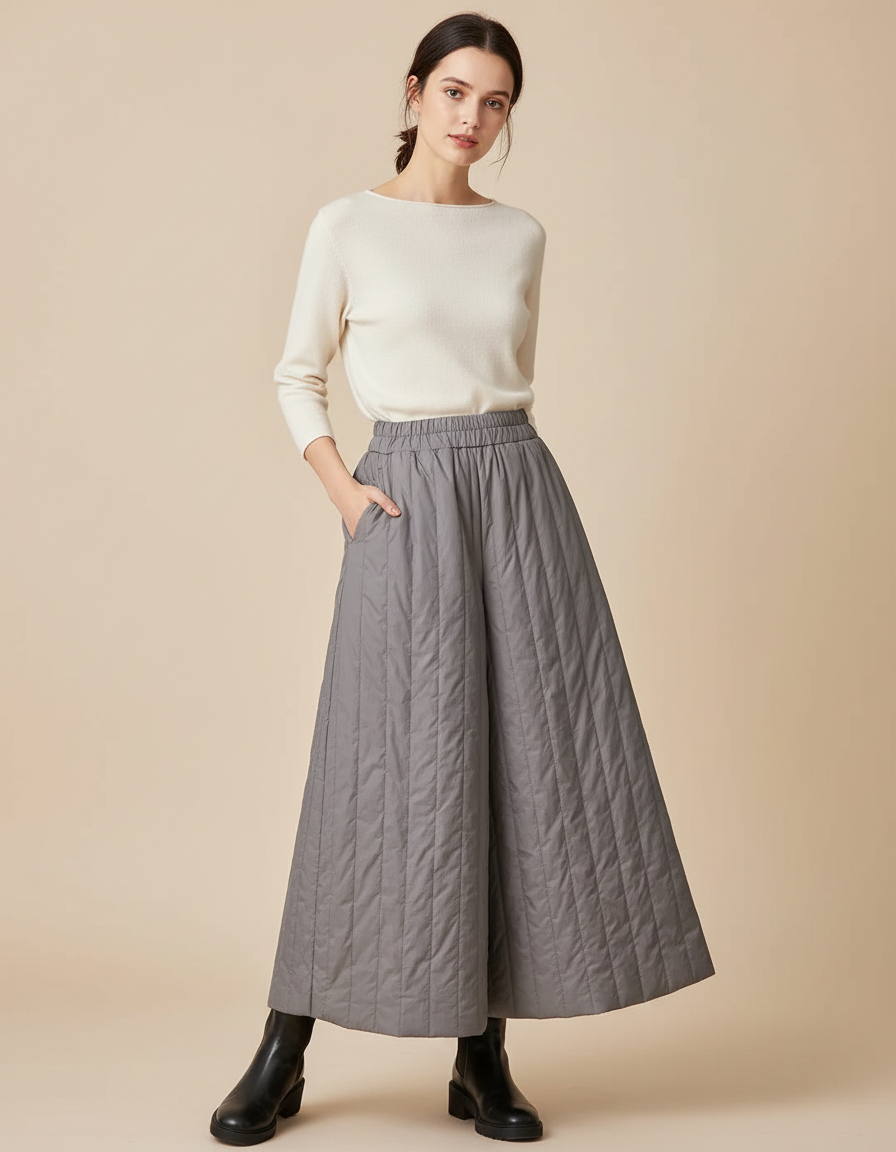 Pantalon Jupe Gris Matelassé Ample Hiver Décontracté - Polyester