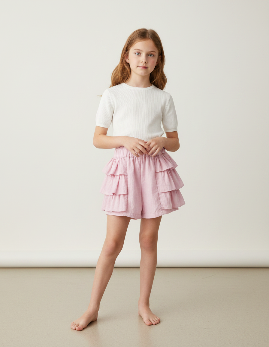 Pantalon Jupe Rose Volants Superposés Fille Coton