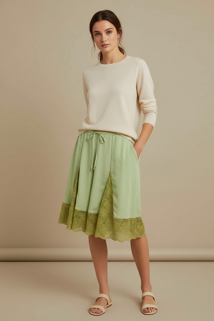 Pantalon Jupe Vert Satin Dentelle Mi-long Fluide