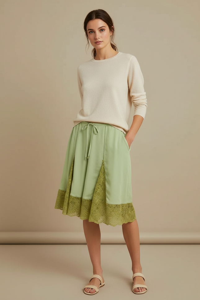 Pantalon Jupe Vert Satin Dentelle Mi-long Fluide