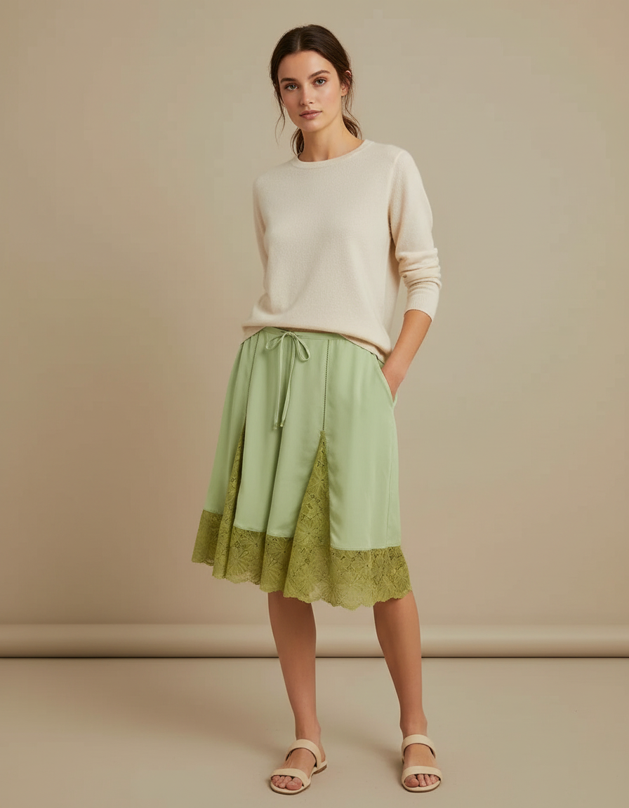Pantalon Jupe Vert Satin Dentelle Mi-long Fluide