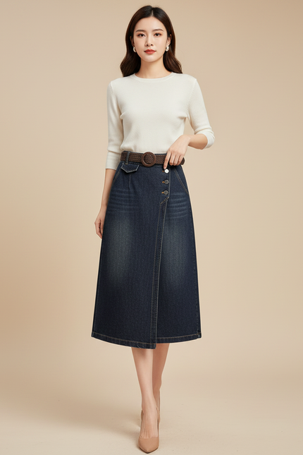 Pantalon Jupe Denim Bleu Mi-long Boutonné Asymétrique - Jean