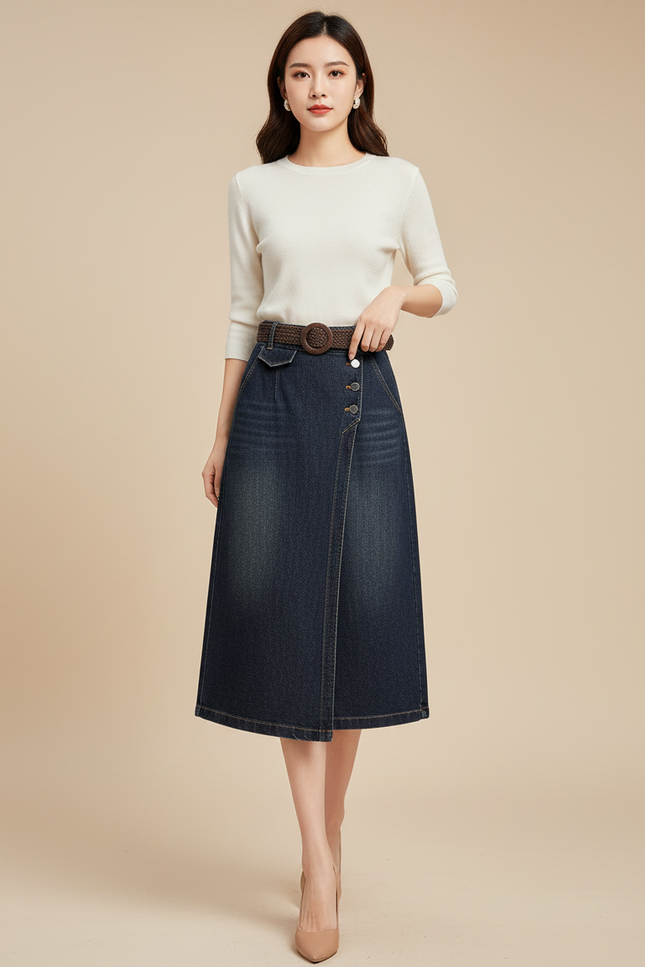 Pantalon Jupe Denim Bleu Mi-long Boutonné Asymétrique - Jean