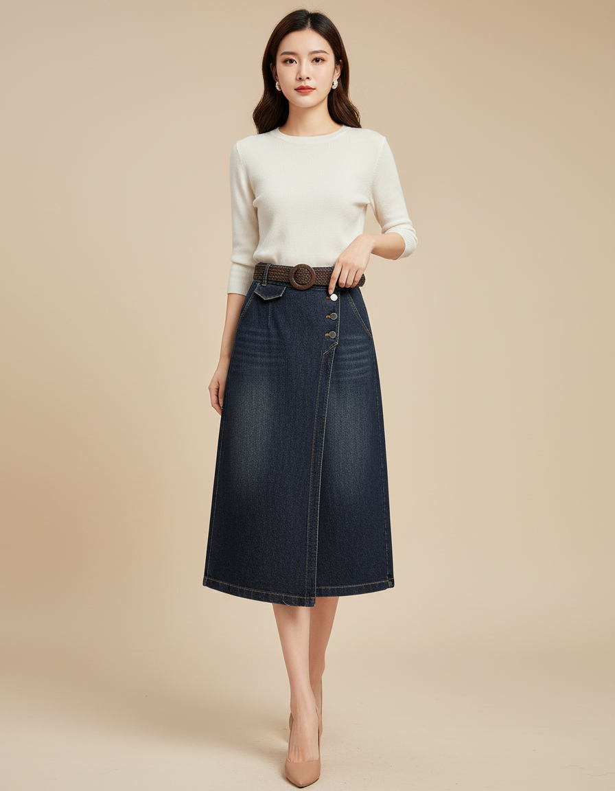 Pantalon Jupe Denim Bleu Mi-long Boutonné Asymétrique - Jean