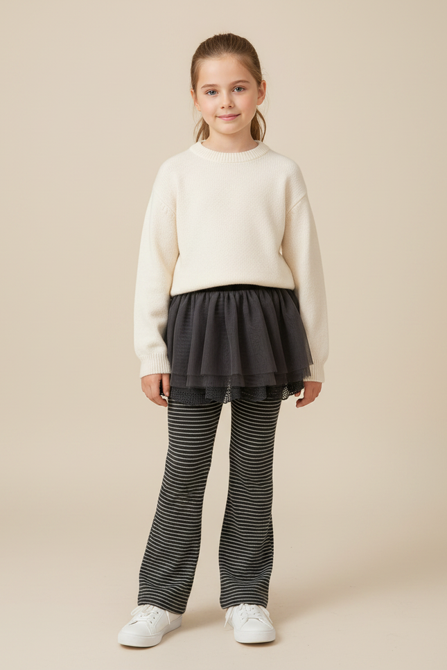 Pantalon Jupe Gris Rayé Tulle Intégré Confortable Fille - Maille