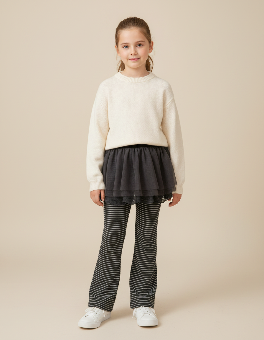 Pantalon Jupe Gris Rayé Tulle Intégré Confortable Fille - Maille