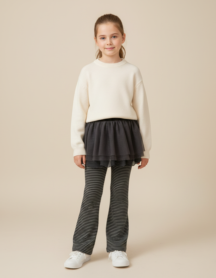 Pantalon Jupe Gris Rayé Tulle Intégré Confortable Fille - Maille