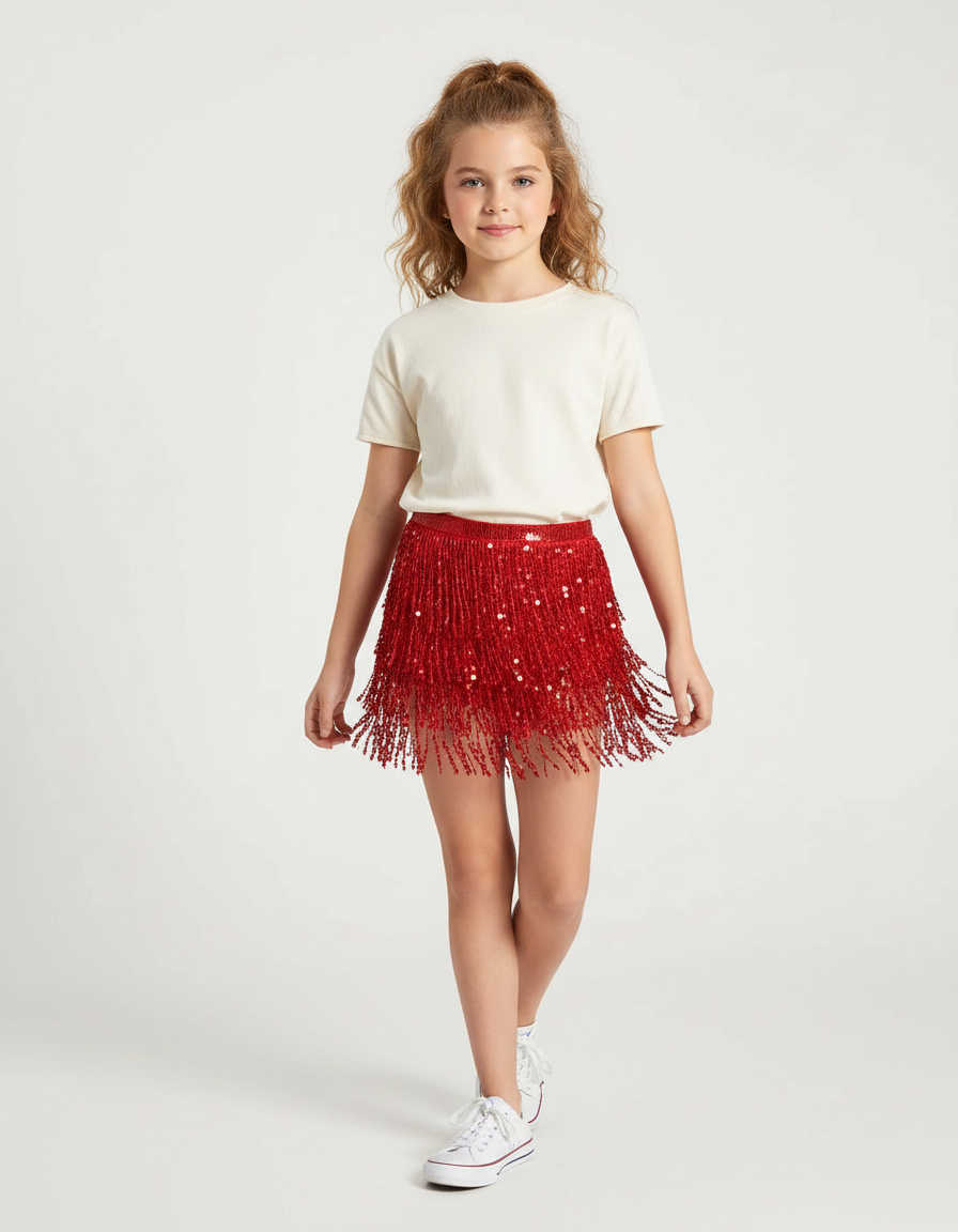 Pantalon Jupe Rouge Paillettes Franges Scintillant Court - Polyester