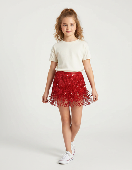 Pantalon Jupe Rouge Paillettes Franges Scintillant Court - Polyester