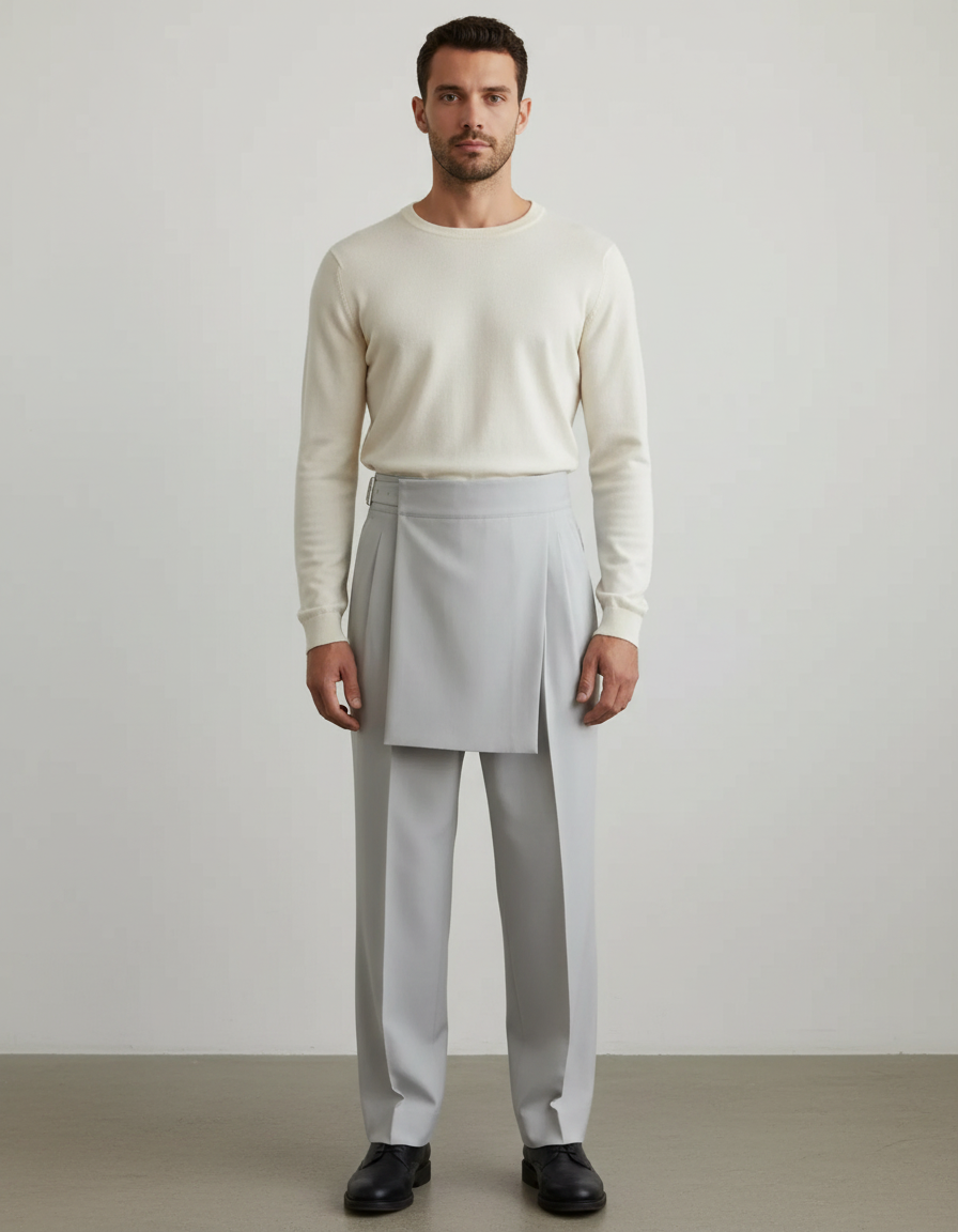 Pantalon Jupe Gris Clair Droit Élégant Homme Moderne - Gabardine