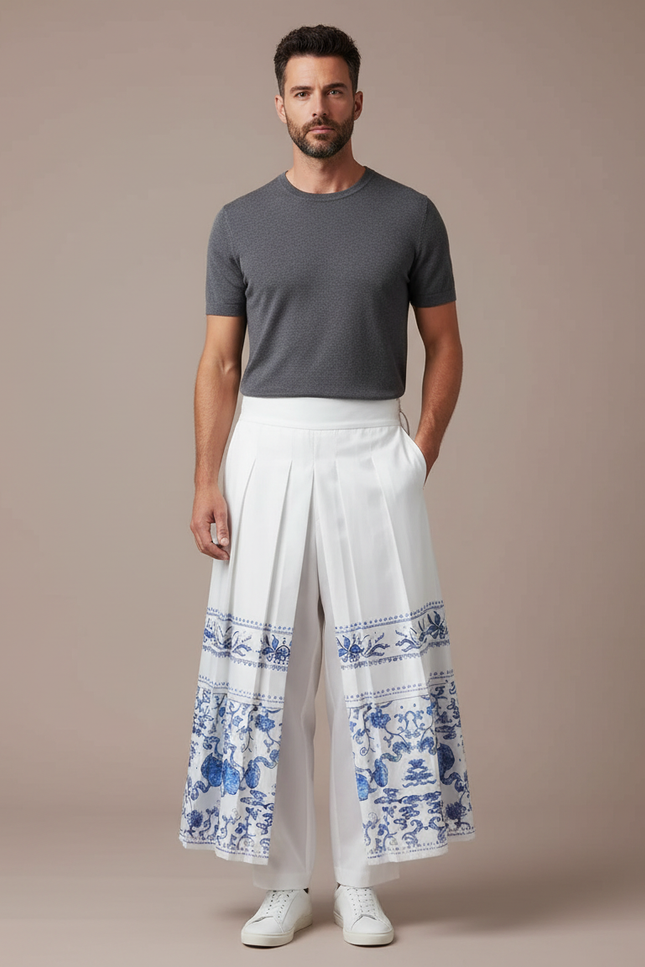 Pantalon Jupe Blanc Plissé Imprimé Bleu Homme Décontracté - Coton