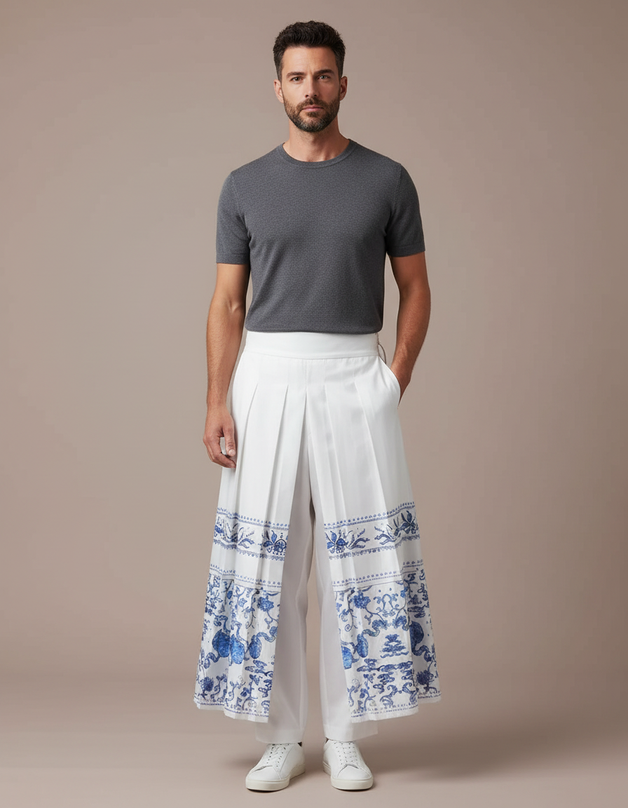 Pantalon Jupe Blanc Plissé Imprimé Bleu Homme Décontracté - Coton