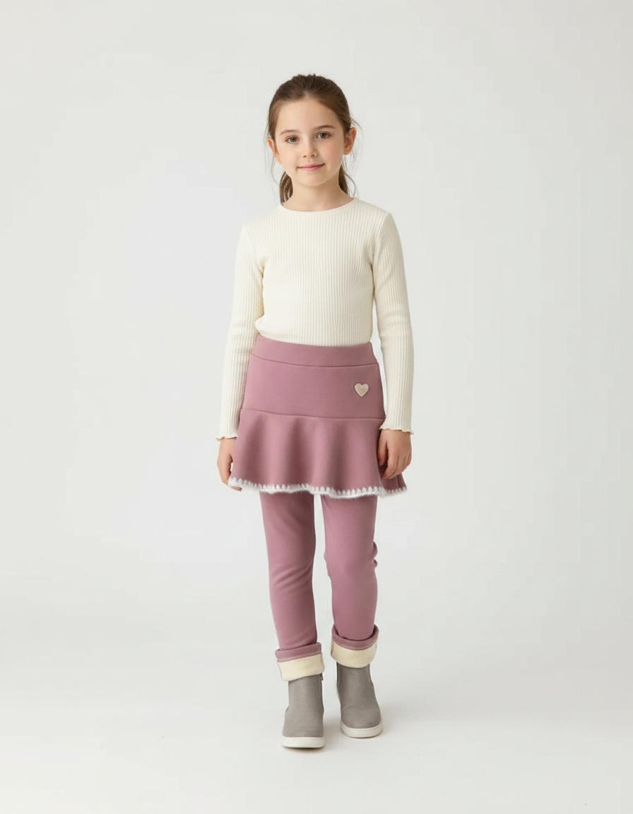Pantalon Jupe Rose Volants Doux Cœurs Intégré Fille - Molleton