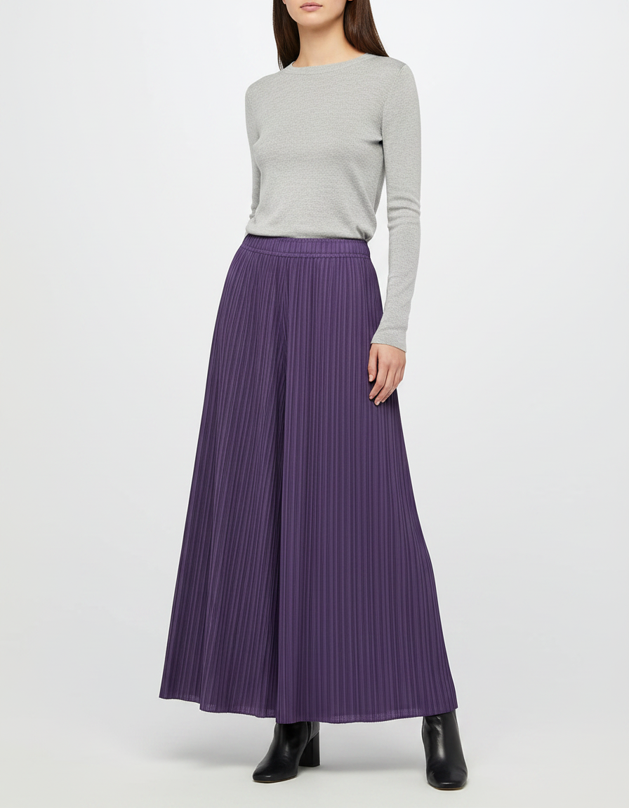 Pantalon Jupe Plissé Fluide Ample Violet Élégant - Polyester