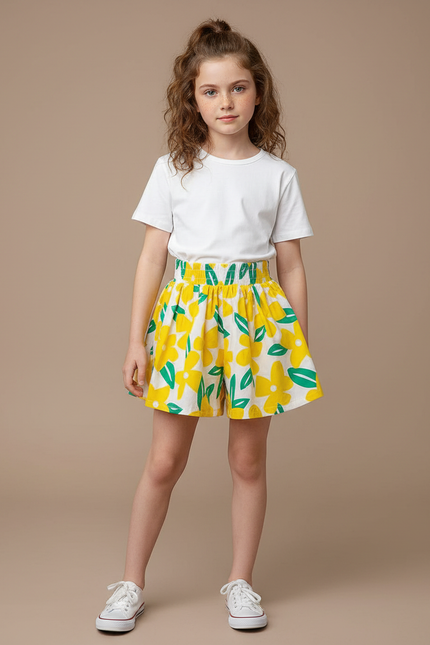 Pantalon Jupe Blanc Fleurs Jaunes Ample Fille - Multicolore Coton