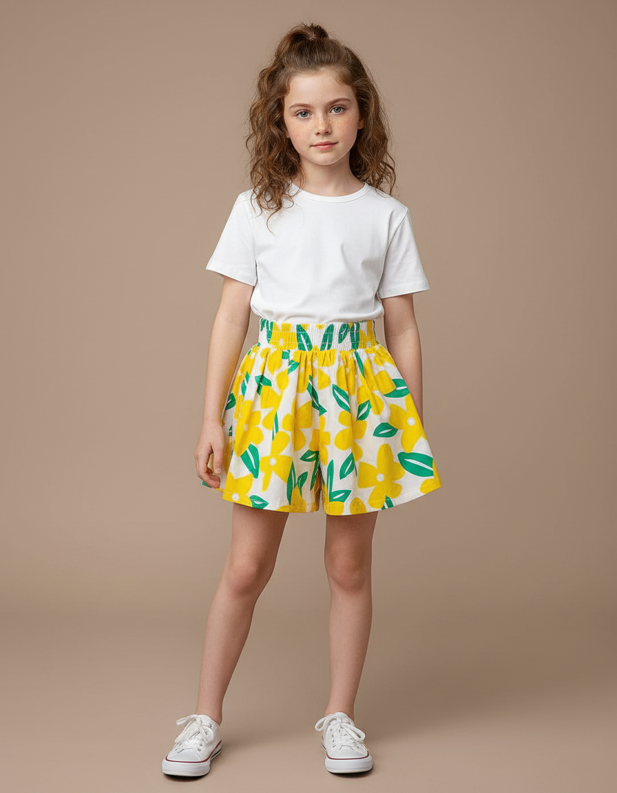 Pantalon Jupe Blanc Fleurs Jaunes Ample Fille - Multicolore Coton