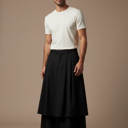 Pantalon Jupe Noir Plissé Ample Superposé Unisexe - Polyester