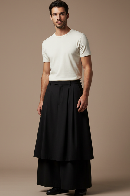 Pantalon Jupe Noir Plissé Ample Superposé Unisexe - Polyester