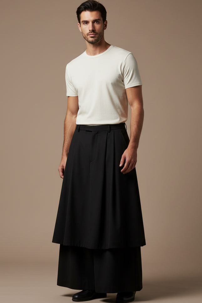 Pantalon Jupe Noir Plissé Ample Superposé Unisexe - Polyester