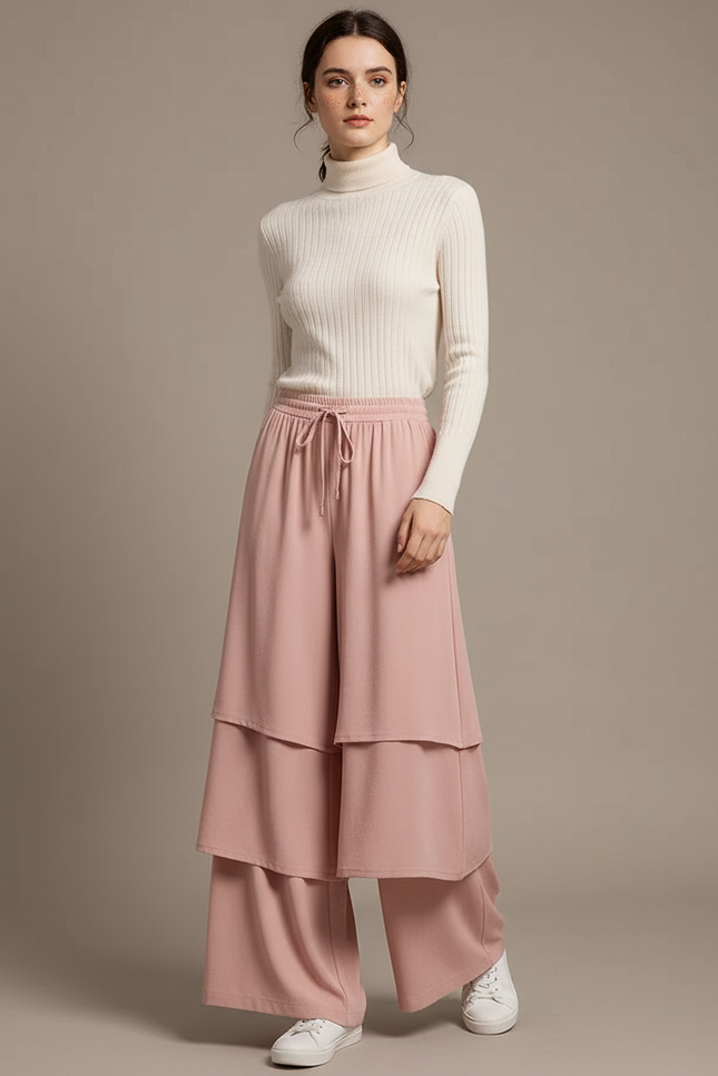 Pantalon Jupe Rose Superposé Ample Fluide Élégant - Polyester