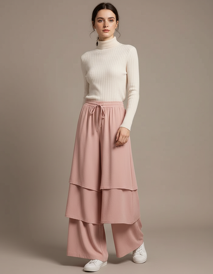 Pantalon Jupe Rose Superposé Ample Fluide Élégant - Polyester