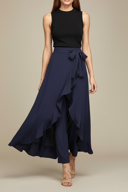Pantalon Jupe Bleu Marine Fluide Volants Élégant - Viscose