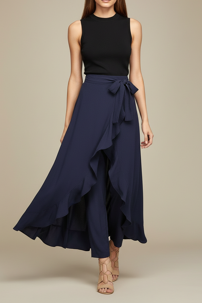 Pantalon Jupe Bleu Marine Fluide Volants Élégant - Viscose
